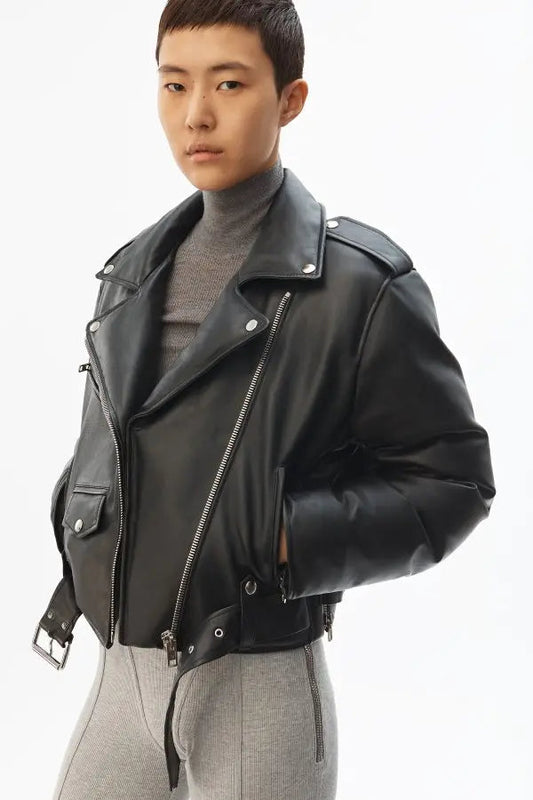 Alexander Wang oversized black biker puffer jacket with waist belt and cropped moto design.