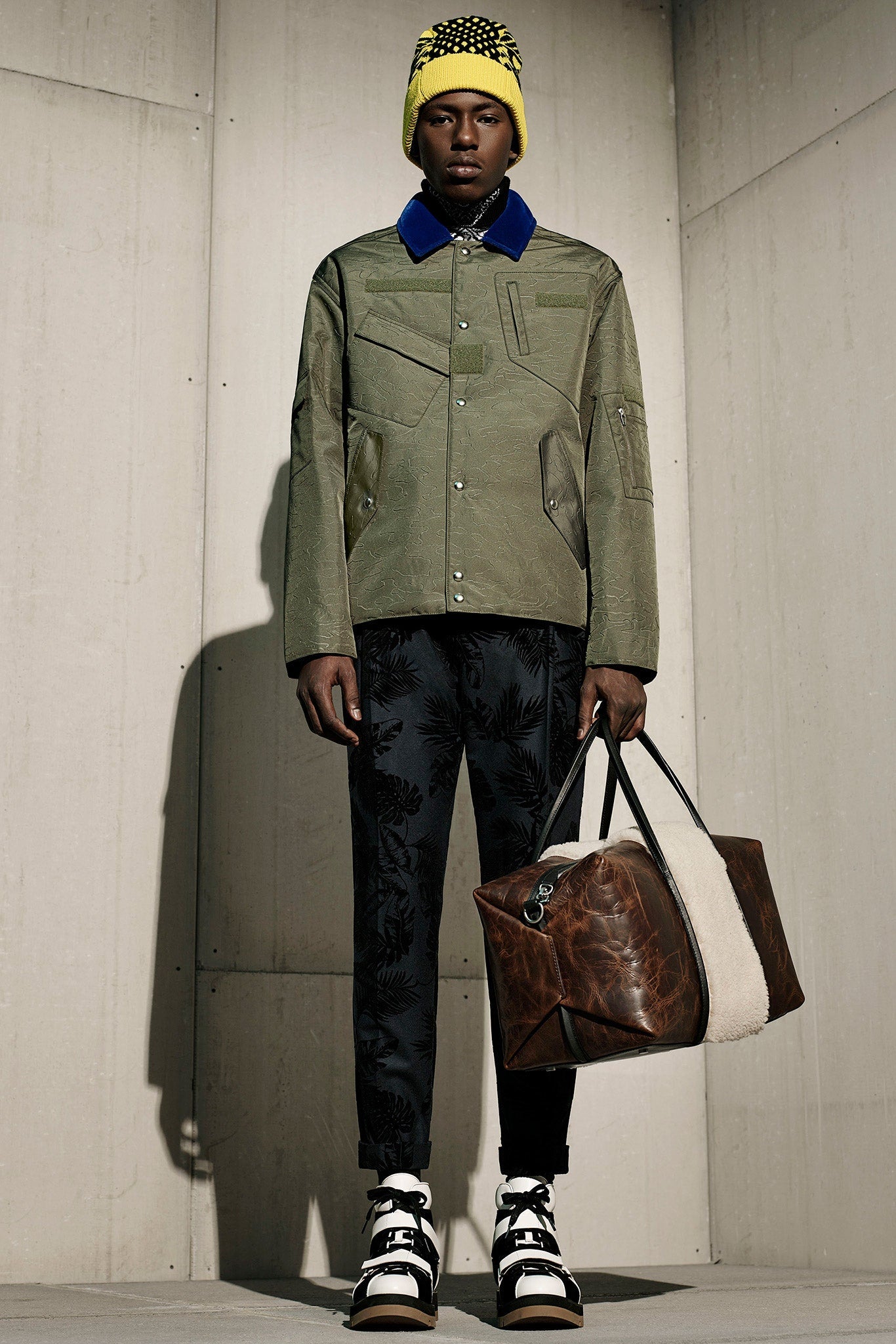 Alexander Wang Camouflage Embossed Jacket with electric blue collar, men's Fall 2015 collection. Brand new with tags.