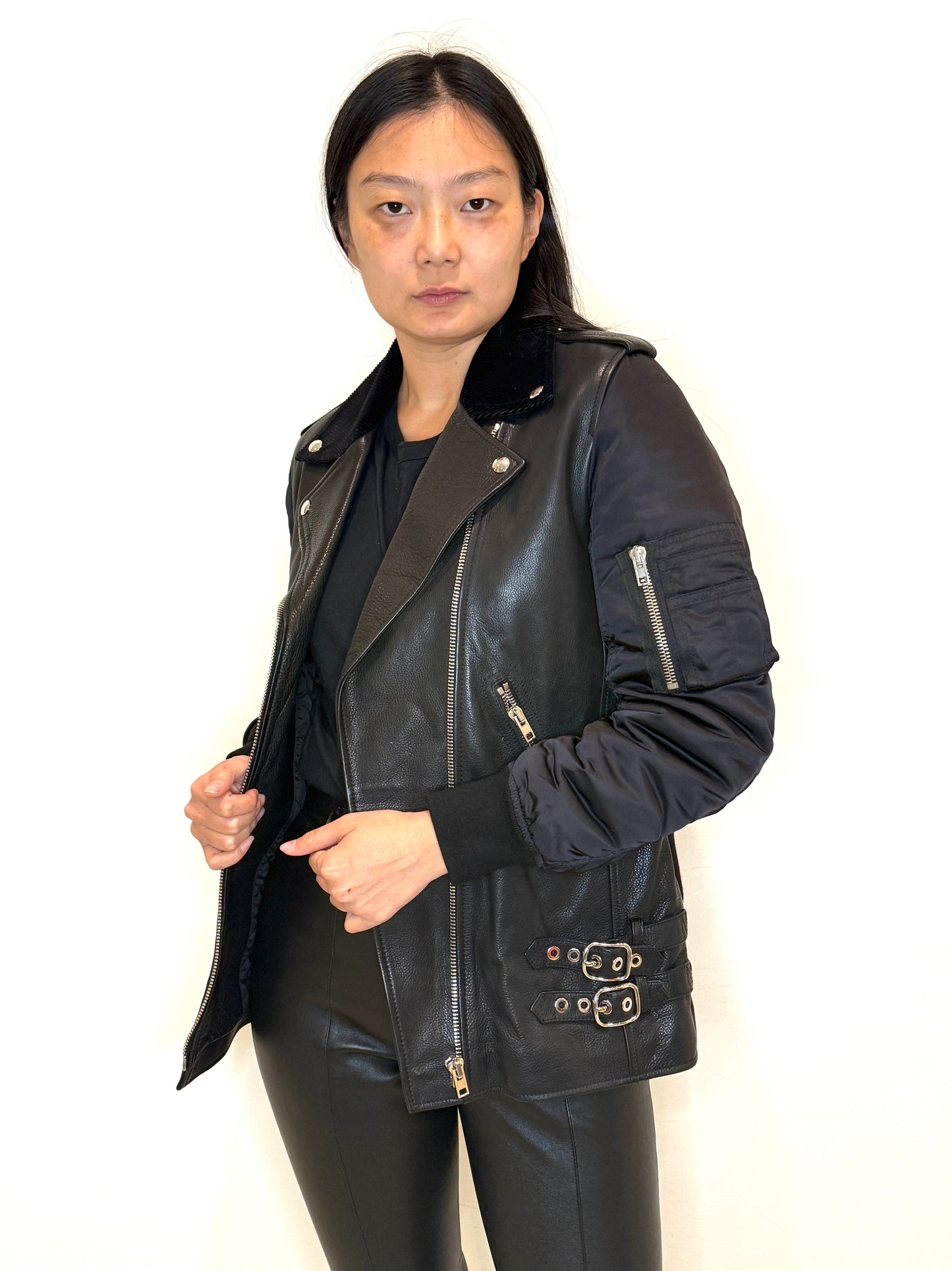 Alexander Wang Corduroy Collar Jacket in cowskin leather with studded belts and polyester lining, rarely worn and in great condition.