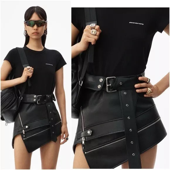 Alexander Wang Deconstructed Moto Skirt, crafted from calfskin, lambskin, and polyester, featuring an avant-garde design with bold, unconventional style.