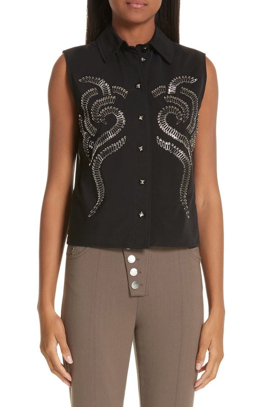 Alexander Wang Dragon Tattoo Top with dragon-shaped safety pin embroidery, sleek fit, brand new with tags.