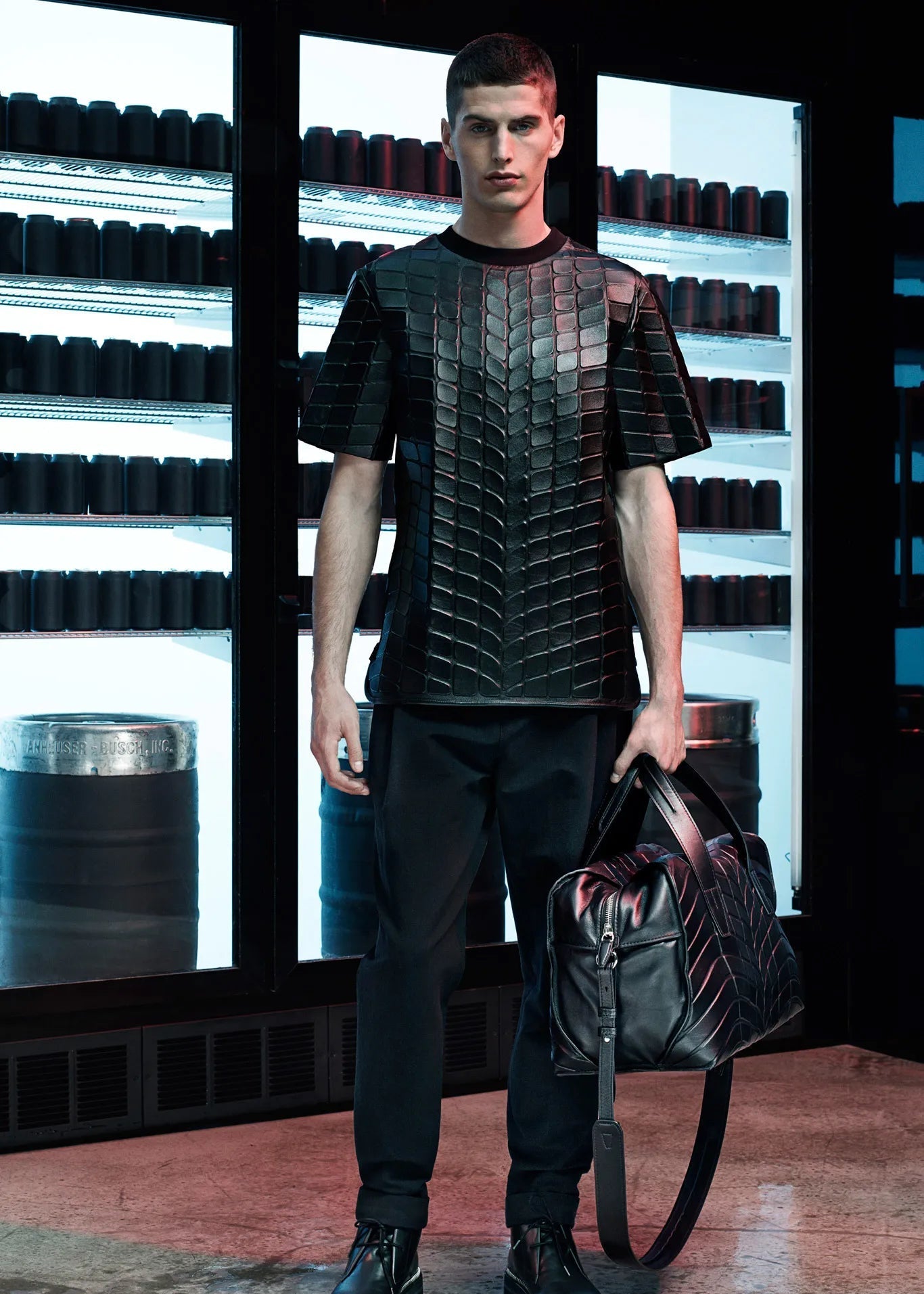 Alexander Wang Foam Injected Matrix Top in 100% lamb leather with a side zipper, from the men’s Spring 2015 collection.