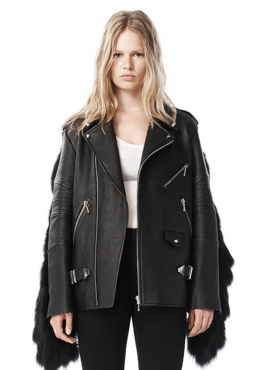 Alexander Wang Moto Leather 10th Anniversary Jacket with fox fur fringe, from Women's Fall 2009 and reissued in the 10th Anniversary Collection.