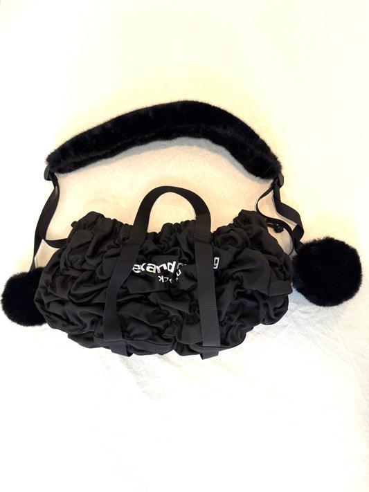 Alexander Wang Scrunchie Bag with fur shoulder strap, expandable design, and decorative fur balls. Brand new, never used.