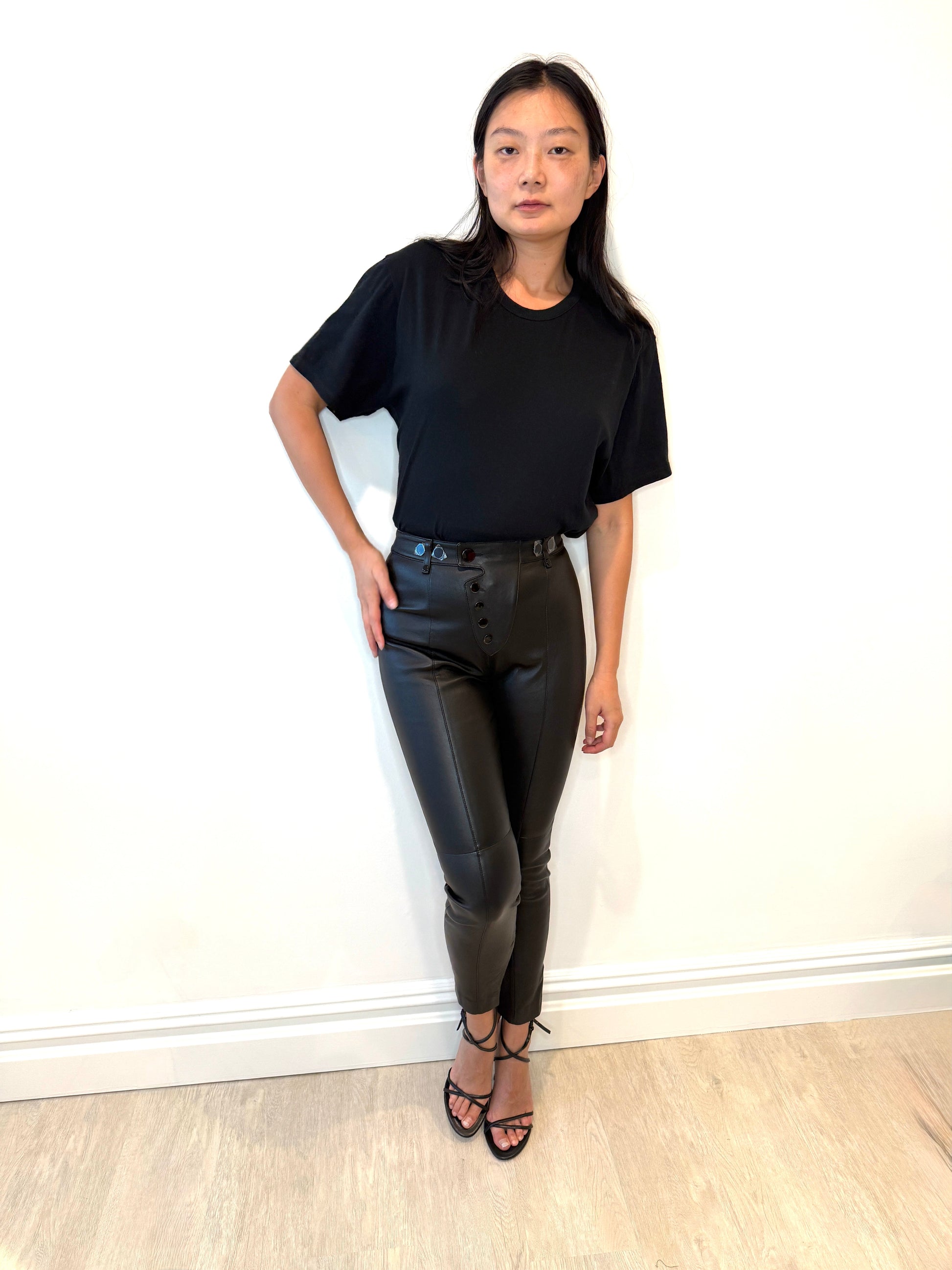 Alexander Wang Slim Leather Pants in lamb leather blend, featuring a sleek silhouette and stretch for comfort.