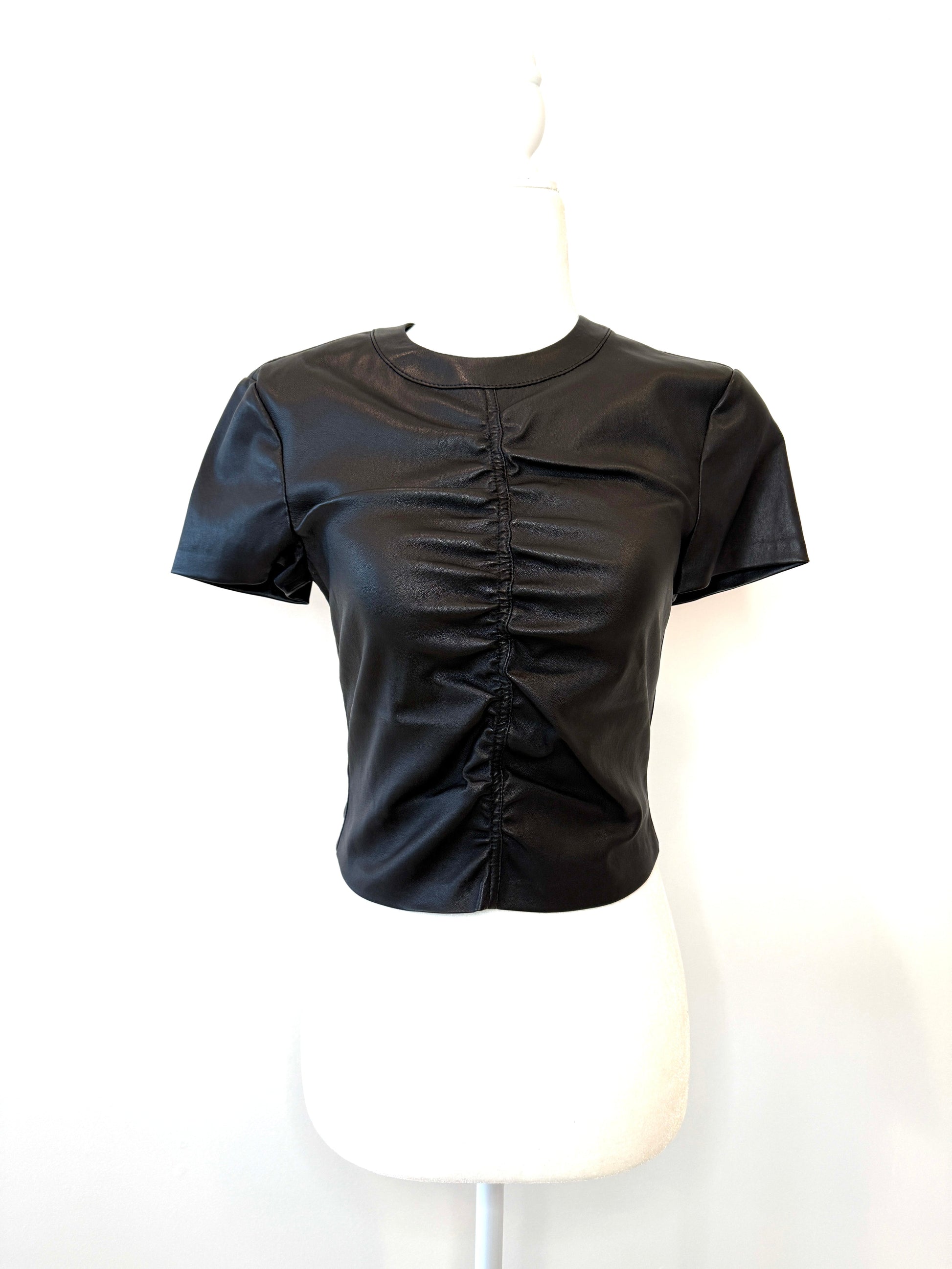 Alexander Wang Stretch Leather Short-Sleeve Top with elegant ruching detail, crafted from luxurious sheep leather.