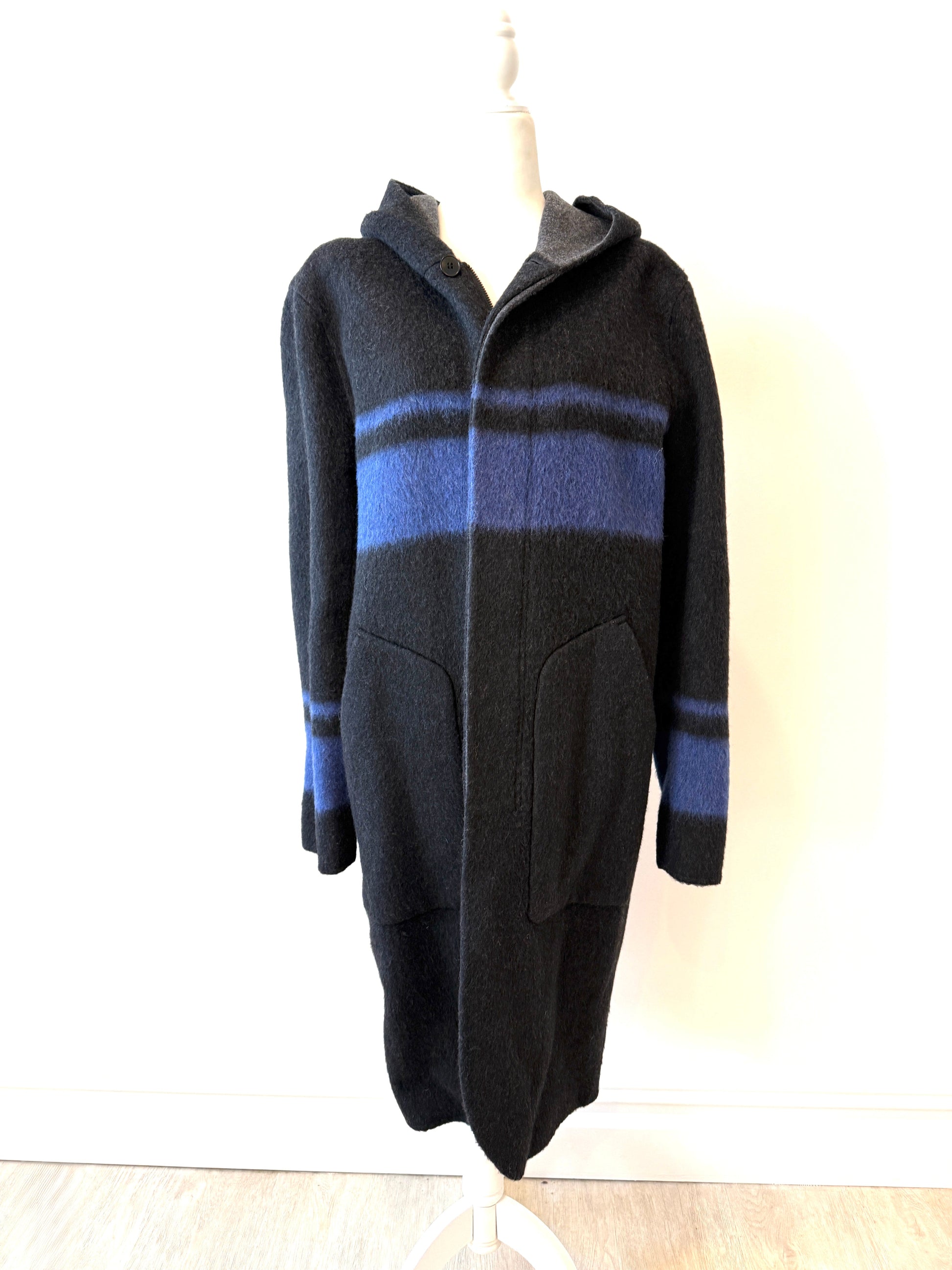 Alexander Wang Striped Hooded Long Coat with blue stripe, crafted from wool and mohair, from Men’s Fall 2015 collection.