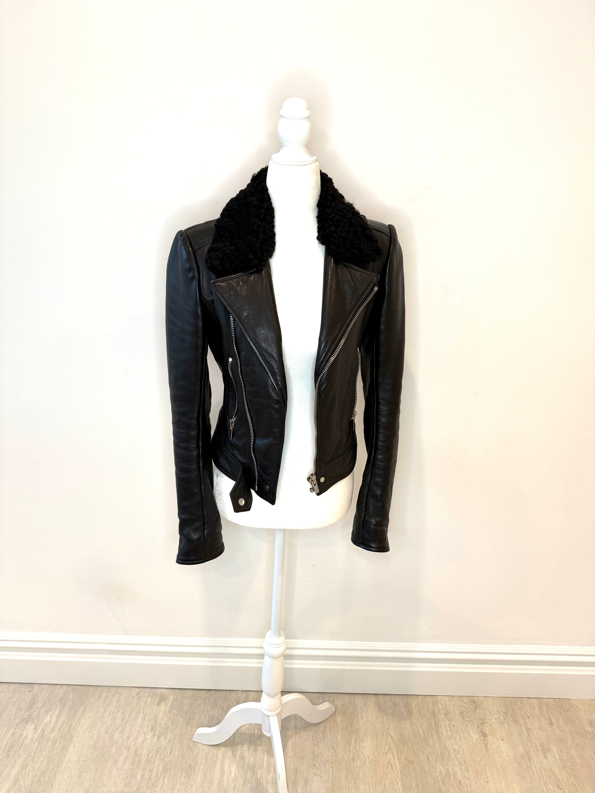 Balenciaga Women's Furry Collar Biker Jacket, cropped fit, edgy design, good condition.