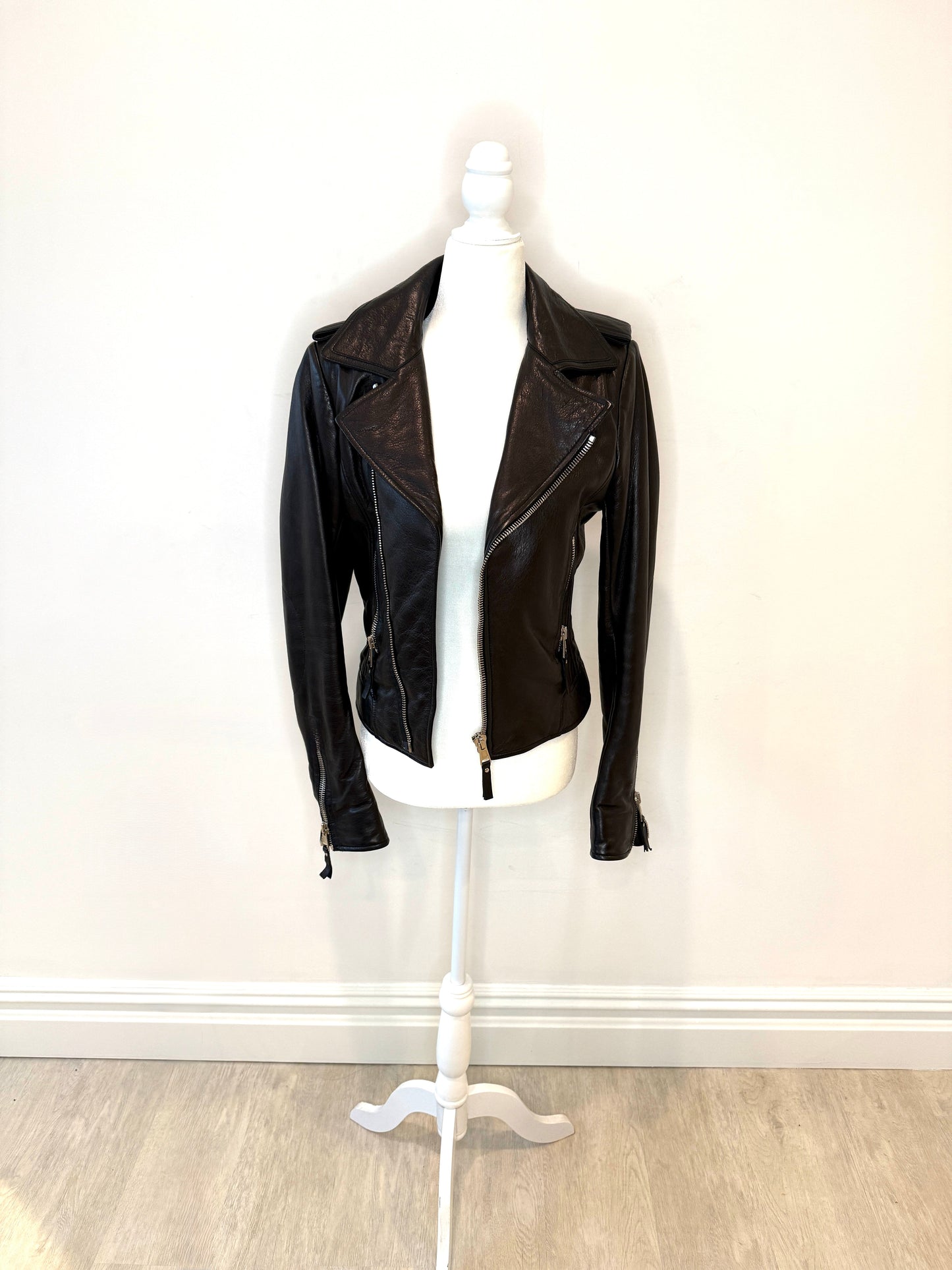 Balenciaga Women's Leather Biker Jacket, premium leather, classic moto silhouette, good condition.