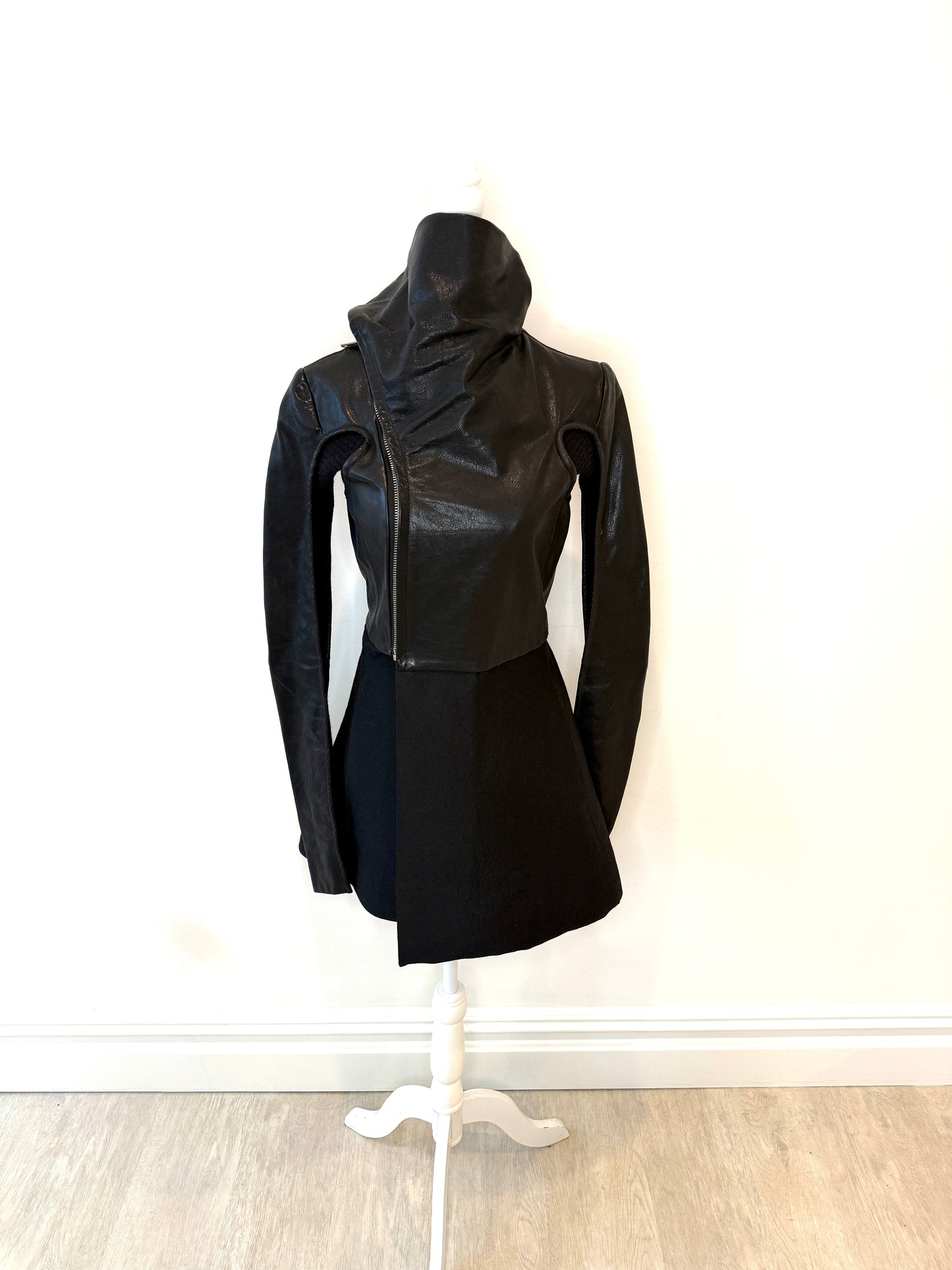 Rick Owens Women's Leather Dress Jacket, extended length, turtleneck shield design, great condition.